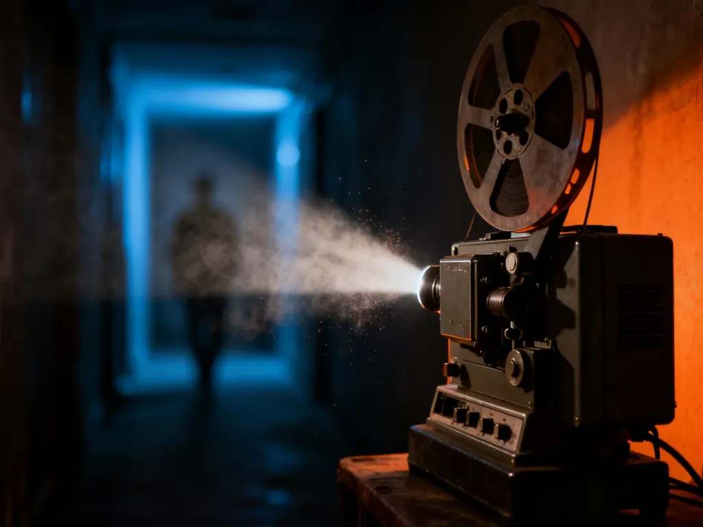 Stary projektor filmowy rzucający snop światła w mrocznym, tajemniczym korytarzu, budujący klimat thrillera.