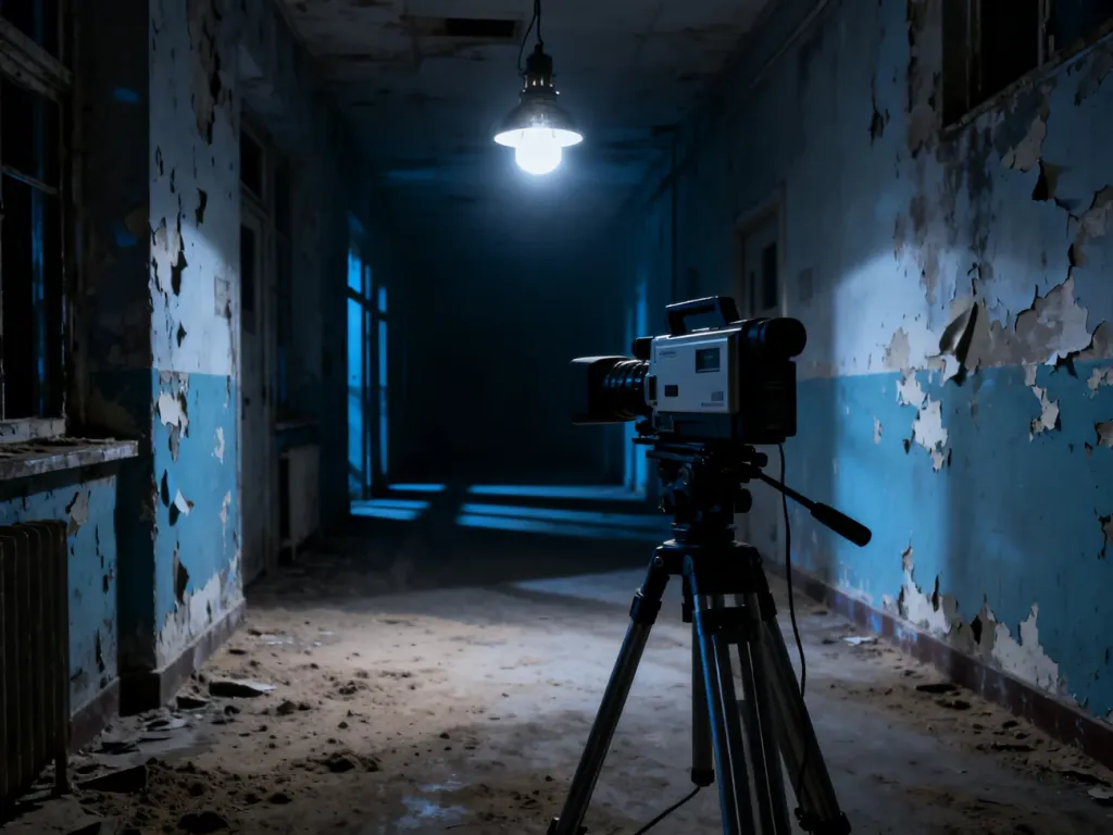 Kamera wideo na statywie w mrocznym, opuszczonym korytarzu szpitala psychiatrycznego w filmie Grave Encounters.