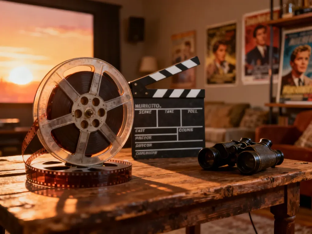 Szpula filmowa, klaps i lornetka teatralna na drewnianym stole, budujące nostalgiczny klimat kina domowego.