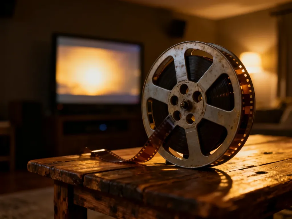 Szpula filmu 35mm na drewnianym stole w domowym kinie, tworząca przytulny klimat sprzyjający wieczornym seansom.