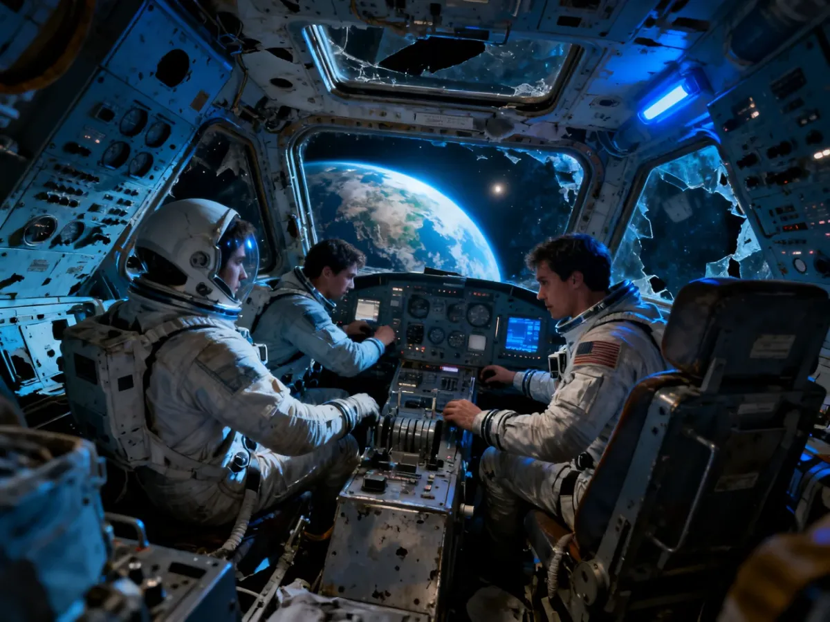 Astronauci pracujący w uszkodzonym statku kosmicznym