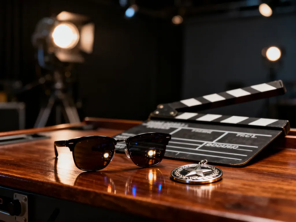 Klapa filmowa, okulary przeciwsłoneczne i odznaka na planie filmowym, nawiązujące do klimatu produkcji z Ma Dong-seokiem.