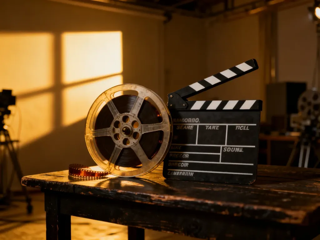 Stara szpula filmowa i klaps reżyserski na drewnianym stole, budujące nastrojowy, filmowy klimat twórczości Smarzowskiego.