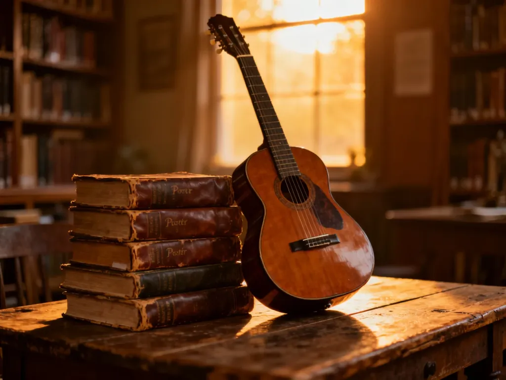 Gitara akustyczna oparta o stare tomiki poezji na drewnianym stole, budująca nostalgiczny klimat poetyckiej twórczości.