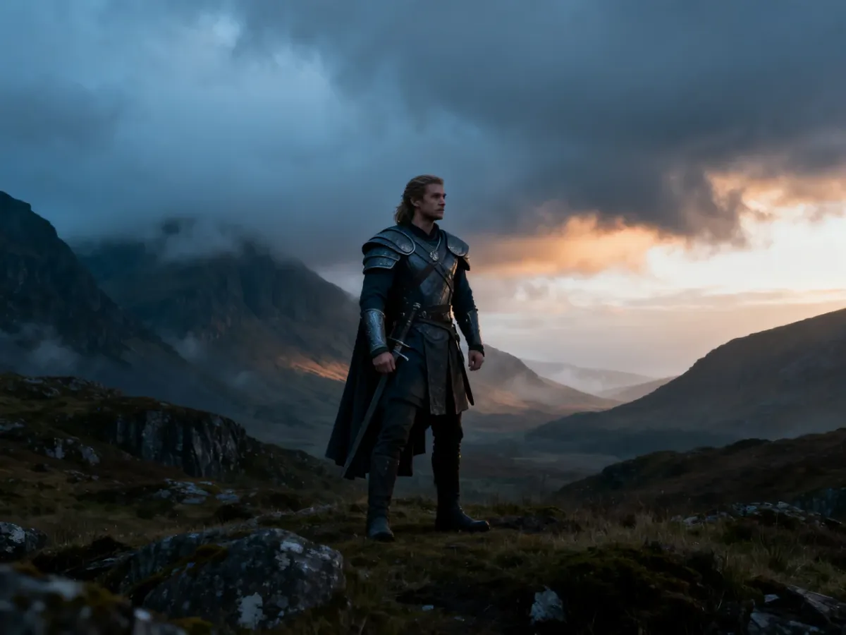 Samotny wojownik na tle zamglonych szkockich gór podczas filmowej produkcji fantasy