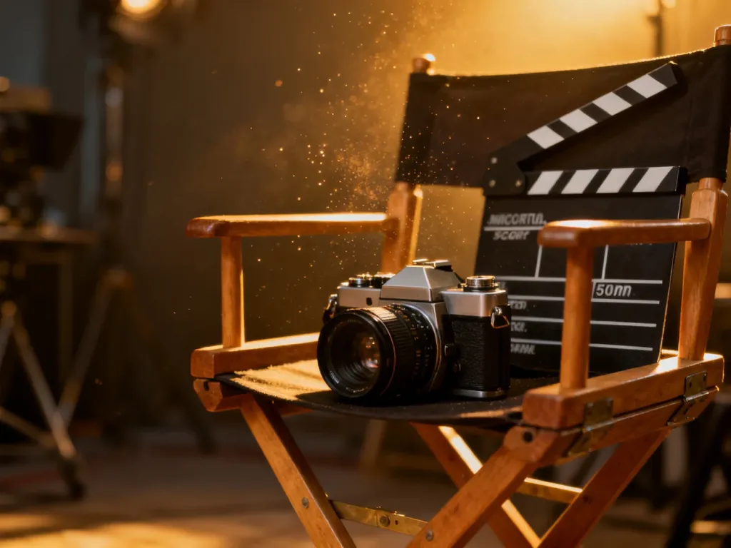 Zabytkowa kamera filmowa i klaps na reżyserskim krześle w klimatycznym studiu filmowym.