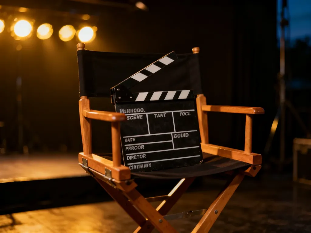 Klapa filmowa na reżyserskim krześle w nastrojowym studiu, wprowadzająca w filmowy klimat serialu „Na marginesie”.