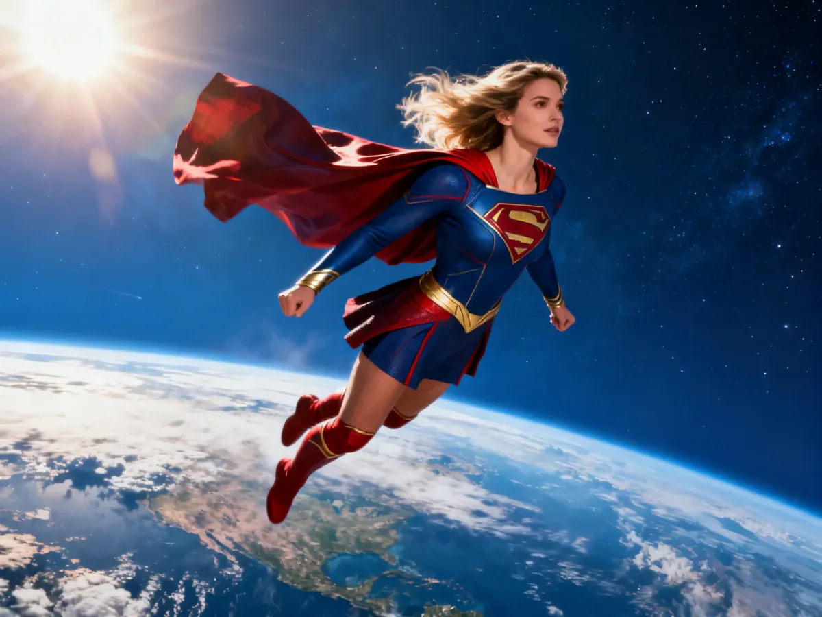 Supergirl unosząca się nad Ziemią w kosmicznej scenerii