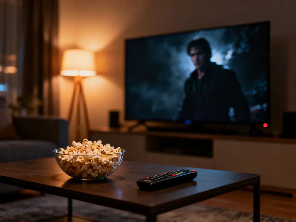 Nowoczesny salon z włączonym telewizorem, miską popcornu i pilotem, przygotowany do wieczornego seansu filmowego.