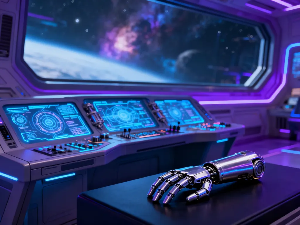Futurystyczna konsola sterownicza z hologramami i widokiem na kosmos w tle, utrzymana w estetyce science-fiction.