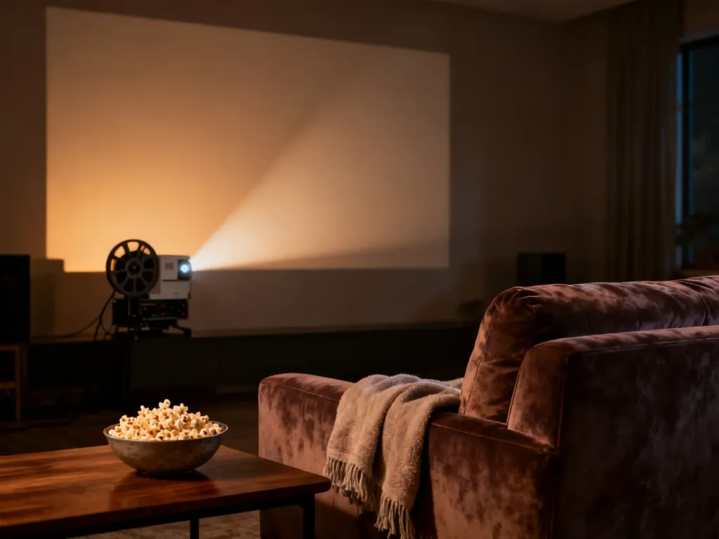 Przytulny kącik kinowy z kanapą, kocem i popcornem, przygotowany do domowego seansu filmowego.