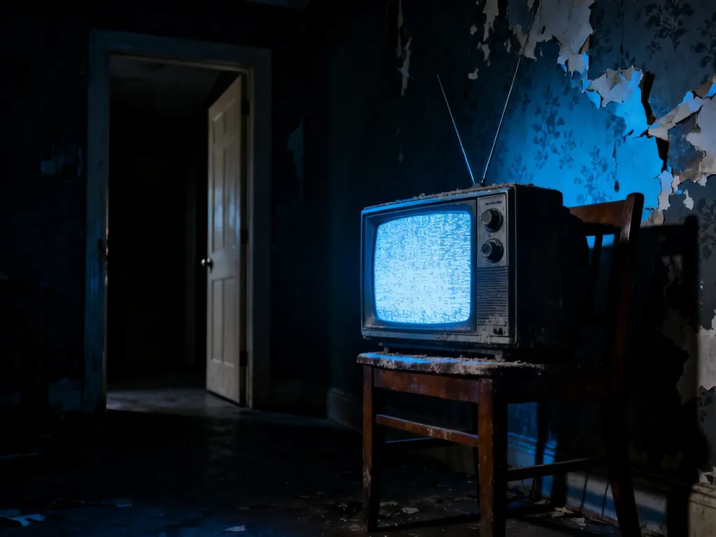 Stary telewizor emitujący szum w mrocznym, opuszczonym pokoju, budujący atmosferę niepokoju typową dla horrorów.