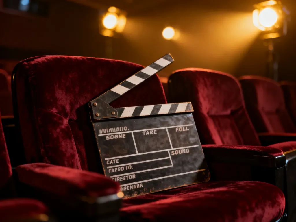Klapa filmowa na aksamitnym fotelu kinowym w otoczeniu nastrojowych świateł, zapowiadająca premierę filmu.