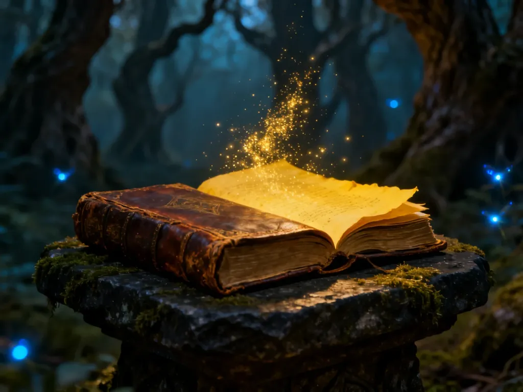 Stara księga zaklęć z magicznym pyłem na kamiennym ołtarzu w tajemniczym lesie, podkreślająca klimat gatunku fantasy.